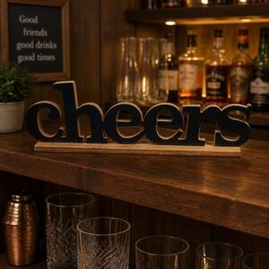 Cheers Sign Home Decor Black Wood Rustic Cocktail Bar Accessory Party Mantle 7x2